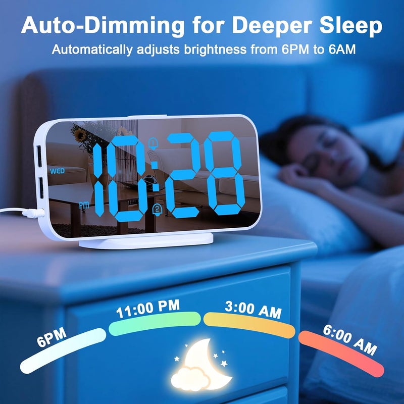 ALANAS Mirror Digital Alarm Clock, Dual Alarms with Snooze, 4-Level Dimmer, 2 USB Ports, Plug in Modern Alarm Clock for Bedrooms (Blue Digit) - Image 2